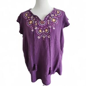 St. John’s Bay 100% Cotton Boho Peasant Tassel Tie Purple Blouse Large